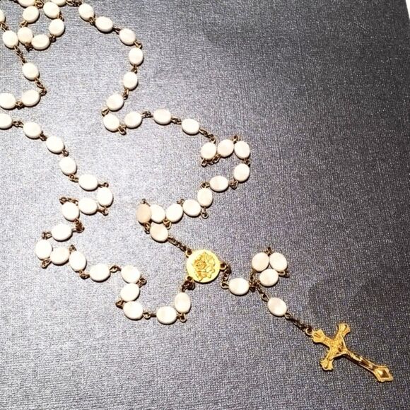 Vintage Catholic Rosary Faux Mother of Pearl Beads Gold Tone Crucifix - Picture 1 of 4